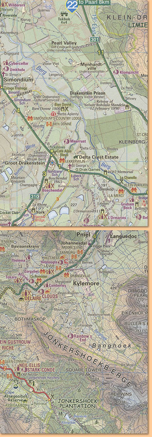 Cape Winelands Map/ Karte. Stellenbosch, Franschhoek, Helderberg (Slingsby's)
