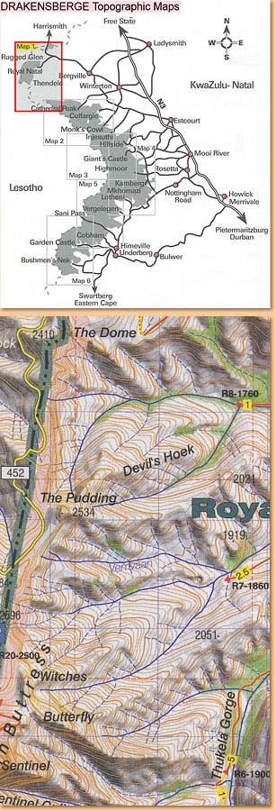 Drakensberg Hiking Map/ Wanderkarte No 1 - Royal Natal, Rugged Glen, Mweni 1:50.000