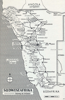 Diese Karte der Reiseroute von Hans-Otto Meissner in den 1960er Jahren durch Südwestafrika befindet sich im Anhang seines Erfolgsbuches 'Traumland Südwest'.