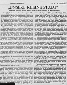 Turnhalle Lüderitzbucht: Theateraufführung von 'Unsere kleine Stadt' (Thornton Wilder), ein in einem antiquarischen Buch aufgefundener Zeitungsausschnitt aus der Allgemeinen Zeitung vom 24.12.1963.