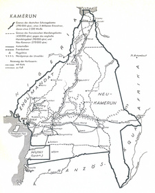 Kamerun-Karte mit der Reiseroute Eva MacLeans, die sie in ihrem Reisebericht "Unser Kamerun von heute" (1940 erschienen) beschrieben hat.
