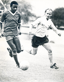South West Africa football stars of 1975/1976: Striker Bethuel Ace Tjirera cornered by Hasso Ahrens, the team captain of the white SWA side. (Collection Hasso Ahrens)