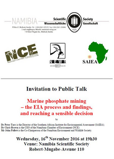 Public talk on Namibian phosphate mining facts at Namibia Scientific Society.