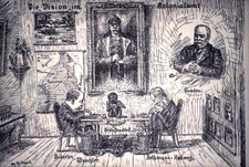 Der Leiter des Reichskolonialamtes, Friedrich von Lindequist, nimmt 1911 seinen Abschied. Karikatur auf die Rolle Alfred von Kiderlen-Wächters und Theobald von Bethmann Hollwegs in der Marokkokrise.