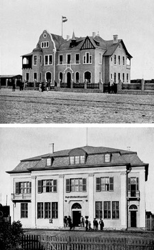 Fritz Jaeger und Leo Waibel: Anlage, Architektur und Klima von Swakopmund:Swakopmund 1918. Oberes Bild: das Krankenhaus. Unten: Das Gebäude der Afrika-Bank.