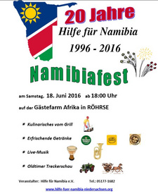 Hilfe für Namibia e.V. lädt zu seinem traditionellen Namibia-Fest am 18.06.2015 im niedersächsischen Peine-Röhrse ein.