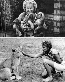 Joy Adamson (1910-1980) war eine österreichisch-britische Malerin, Tierforscherin und Schriftstellerin. Foto unten: Joy Adamson (um 1957/58) mit der heranwachsenden Löwin Elsa.
