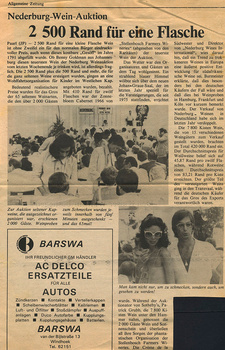 Nederburg Auction Paarl 1980: Weinauktion bringt 2500 Rand für eine Flasche! Ein Artikel der Allgemeinen Zeitung Windhoek aus dem Jahr 1980.