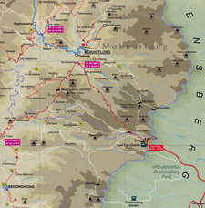 Ein Ausschnitt aus der Lesotho Road Map von Mapstudio, in dem der Osten des Landes dargestellt ist.