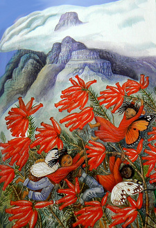 The fairies and other imaginary beings in Fynbos Fairies are Fiona Moodie's own creations, but the flowers and creatures she copied from nature.