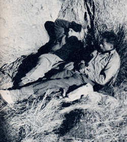 Mountaineers P. O'Neill (left) and O. Shipley camp near the top of the long fault which culminates in a narrow passage of the Grosse Spitzkuppe. Photo: L. D. Sharp