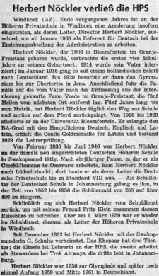 Dieses Fundstück "Herbert Nöckler verließ die HPS" lag als Ausschnitt aus der Allgemeinen Zeitung einem antiquarischen Buch bei.