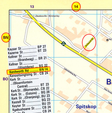 In diesem Stadtplan von Bloemfontein wird die Kenilworthroad gesucht: Der Index nennt für das Suchgitter die Koordninaten 'BN 14'.