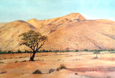 Das Aquarell von Joachim Voigts (August 1993) zeigt ein Motiv der Farm Blässkranz in der Naukluft, Namibia.