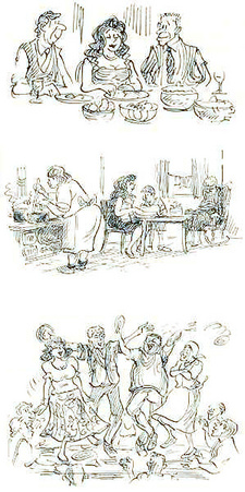 Illustrations from the cookbook 'Fig Jam and Foxtrot', by Lynn Bedford Hall.