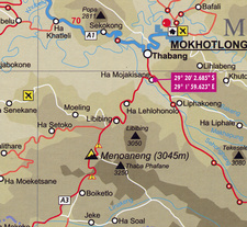 Dies ist ein vergrößerter Ausschnitt aus der Lesotho Road Map von Mapstudio, der Details der Kartendarstellung zeigt.