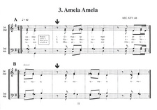 Example song "Amela Amlea" typesetting from 24 Otjiherero Concert Songs, by Niels Erlank and Samuel V.K. Haakuria. Namibian Music Series, Concert II. New Namibia Books. Windhoek, Namibia 2002.