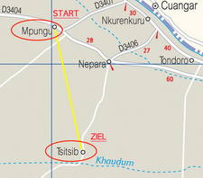 Die digitale GPS-Karte Namibia unterstützt Luftlinienrouting und Autorouting. Das Luftlinienrouting führt auf direktem Weg vom Start- zum Zielpunkt.