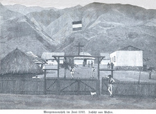 Deutsche Arbeit am Njassa, Deutsch-Ostafrika, von Alexander Merensky. Die fertiggestellte Missionsstation Wangemannshöh im Jahr 1892, Ansicht aus Westen.