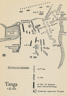 Militärische Lage während der Schlacht bei Tanga am 04.11.1914. Kartenskizze aus "Was mir die Engländer über Ostafrika erzählten" (Paul von Lettow-Vorbeck)
