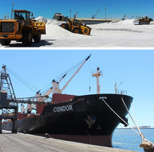 Namibia: Das Unternehmen Walvis Bay Salt Refiners (WBSR) liefert seit Anfang 2018 Salz in die USA. Hier die Verladung auf das Frachtschiff Condor im Hafen von Walvis Bay.