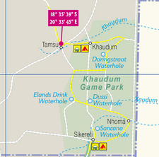 Eine gelb in die Namibia Road Map (MapStudio) eingezeichnete Route durch den Khaudum Park. Diese oder vergleichbare Route kann auch für die GPS-Karte Namibia programmiert werden.