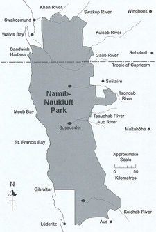 Overview map of the Namib-Naukluft Park taken from the guide Touring Sesriem and Sossusvlei (ISBN 9991630775 / ISBN 99916-30-77-5)