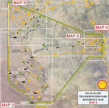 The reference map shows the areas covered by the Shell Tourist Map of Kgalagadi Transfrontier Park.